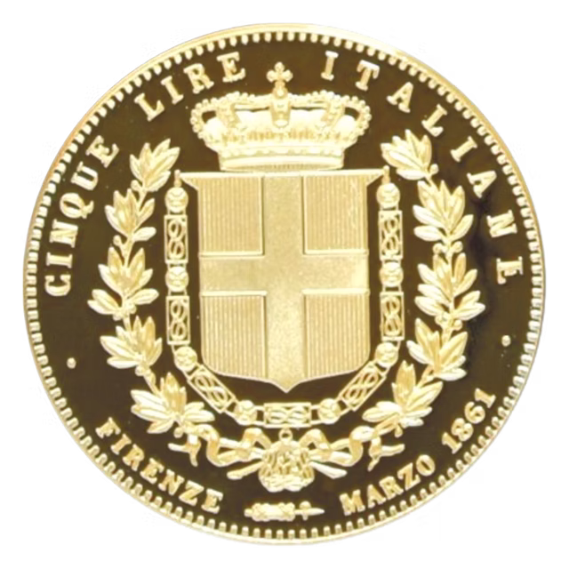 5 Lire Italiane Unità d’Italia 1861, versione oro, retro