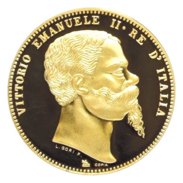 5 Lire Italiane Unità d’Italia 1861, versione oro, fronte